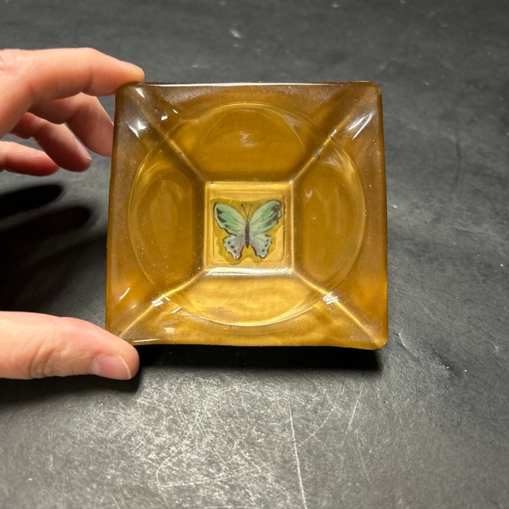 Amber Glass Square Ashtray with Butterfly Motif